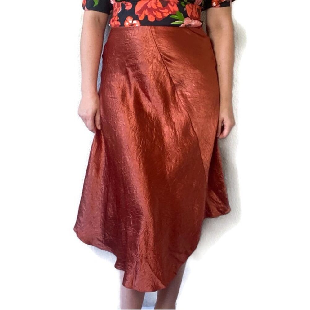 Vince Burnt Orange Bronze Satin Crinkle Slip Bias Cut Midi Skirt Size Medium